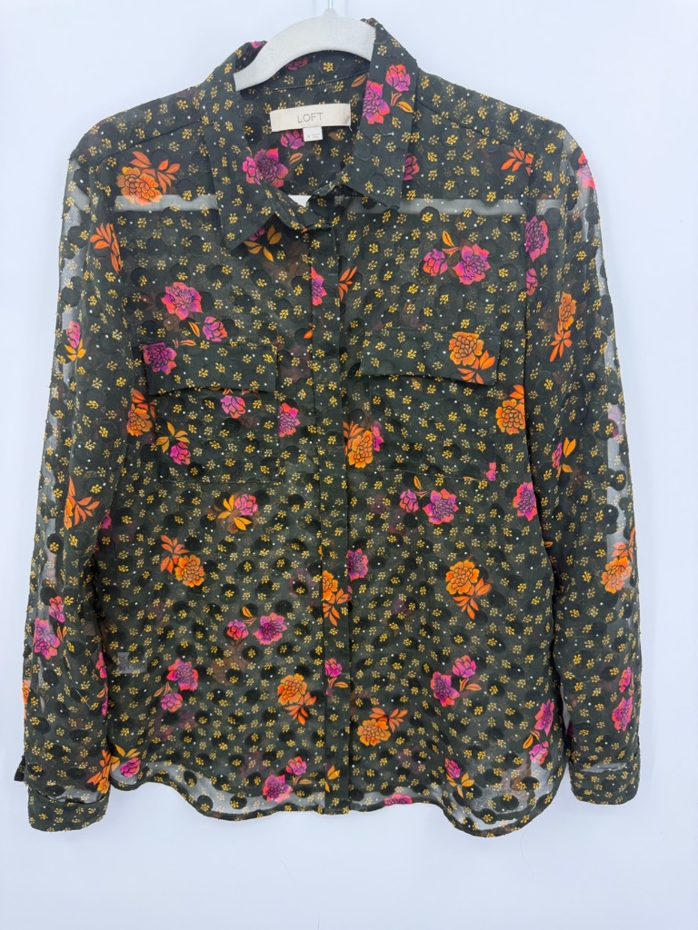 LOFT black multi-color floral polka dot sheer long sleeve button-down blouse M